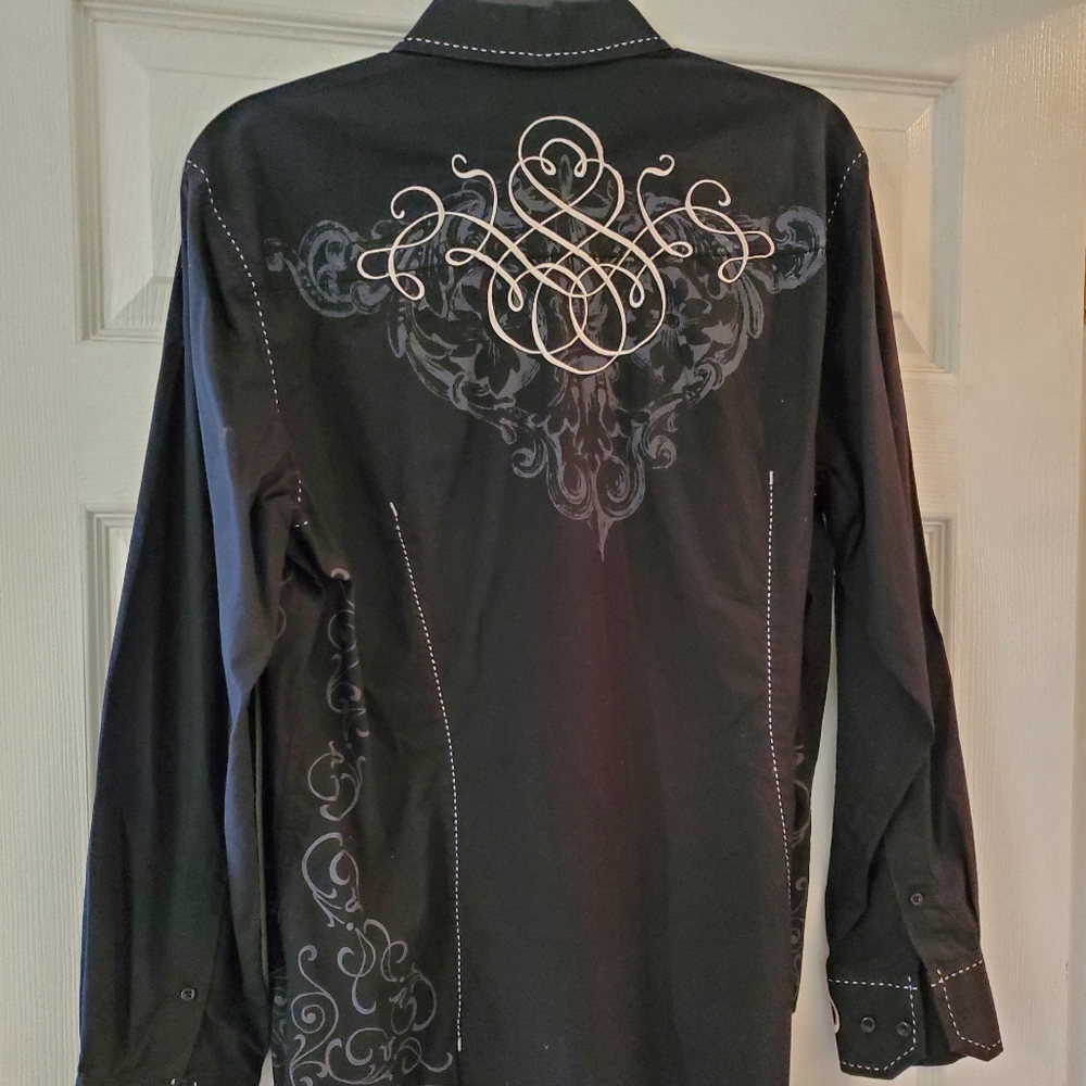 J. Campbell Black Casual Button Down Shirt with Embroidered Details